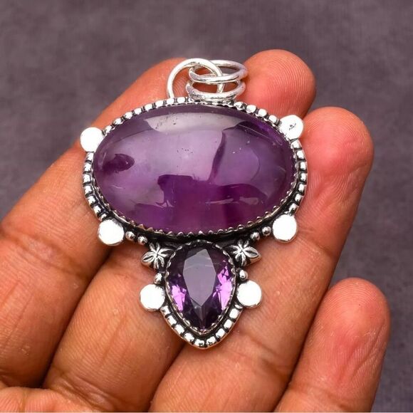 Large Artisan Crafted Amethyst Pendant Necklace Double Stone Sterling Silver New - Picture 6 of 11